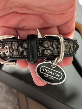 COACH Sign Black Grey  Canvas Leather Dog Collar w/ Silver Tag Small & 44 Inch